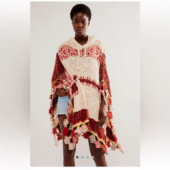 Free People Craft Poncho Sweater Hooded Drawstring Gardenia Spice Combo - Picture 1 of 6